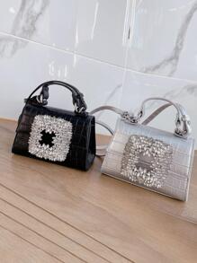 Lightweight, Portable Casual, Fashion Crocodile Embossed Rhinestone Decor Satchel Bag For Girls, Women, College Students, Rookies & White-collar Workers For Autumn & Winter, Warm Winter, For Fall, Winter Essential, For Work, Office, Commute, College - Multicolor - View 4
