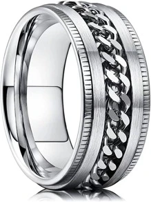 1pc Titanium Steel Chain Rotatable Decompression Ring For Couple, Stainless Steel Worry Ring For Men, Rotating Ring For Stress Relief, Stainless Steel Ring For Man, Chain Spinner Ring - Silver - View 12