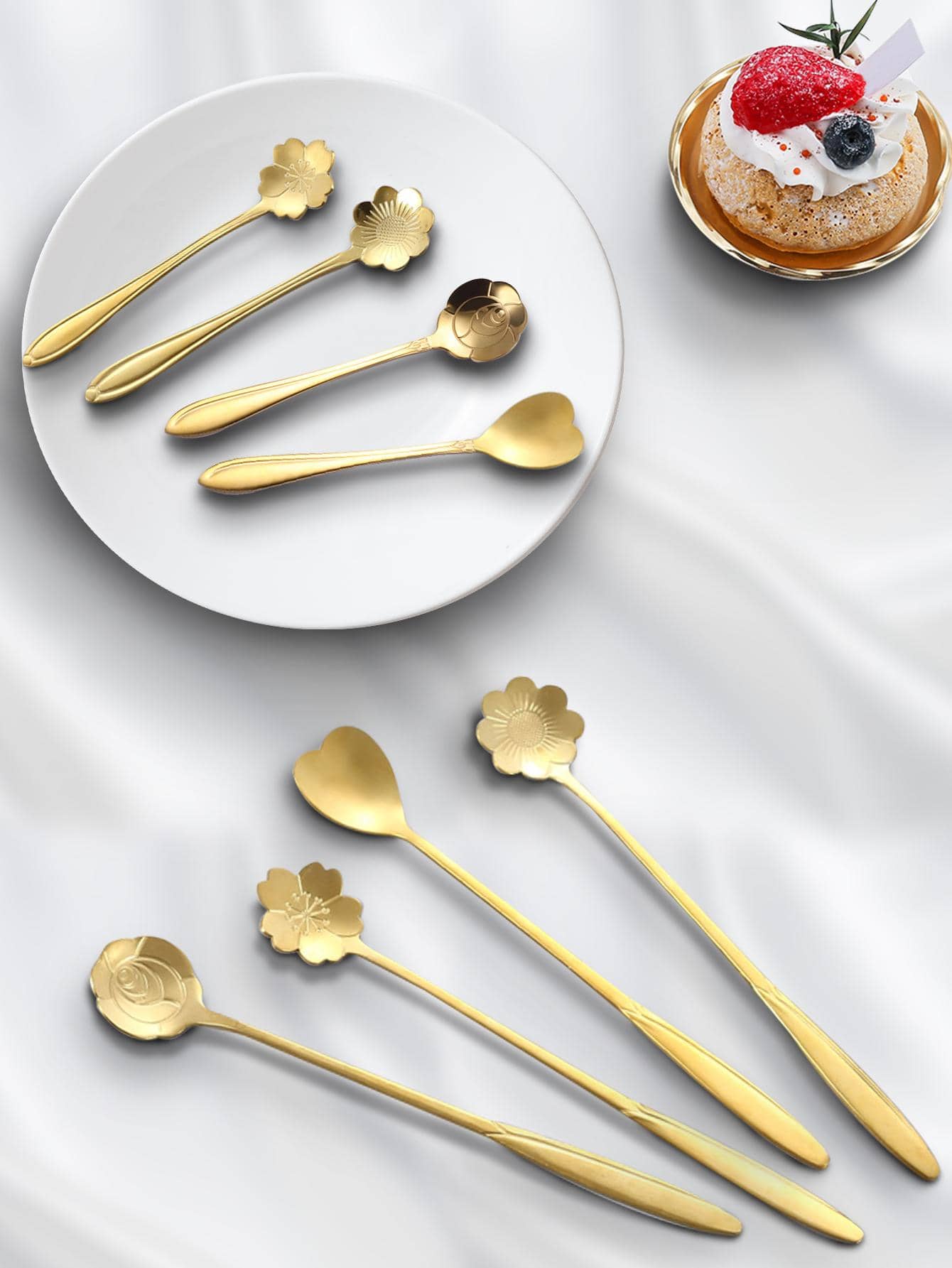 4件套不锈钢创意花形西瓜勺、冰淇淋勺、咖啡勺、蛋糕勺适用于中餐厅、西餐厅、酒店、家庭厨房圣诞礼物 - 金色 - 查看 1