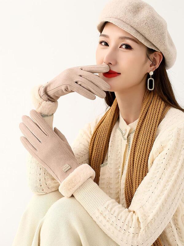 Guanti da ciclismo touch screen caldi ispessiti da donna con fodera in peluche per la guida all'aperto in autunno