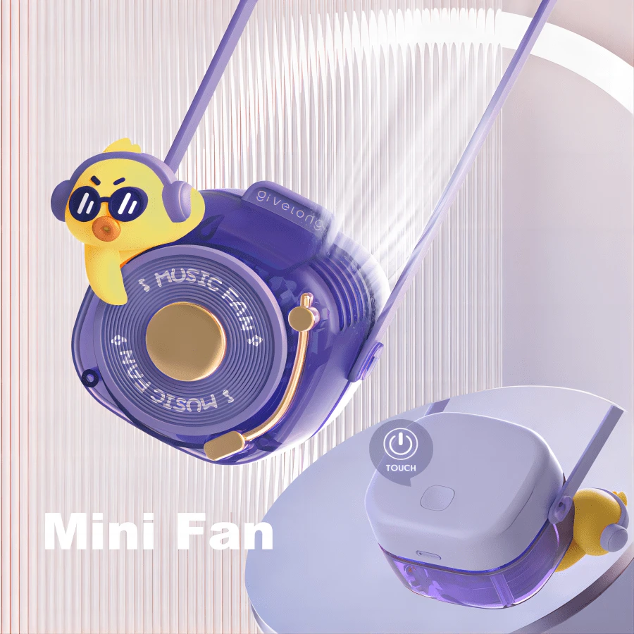 1入組卡通圖案便攜領懸掛扇 - 紫色 - 查看 1