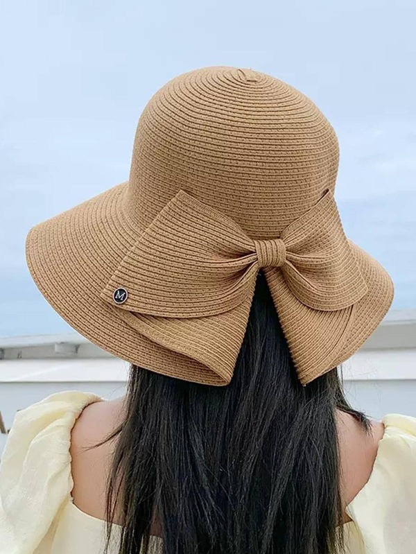New Fashion Summer Women's Sun Hat With Bow Knot, Open Back, Wide Brim, Outdoor Sun Protection Hat For Beach