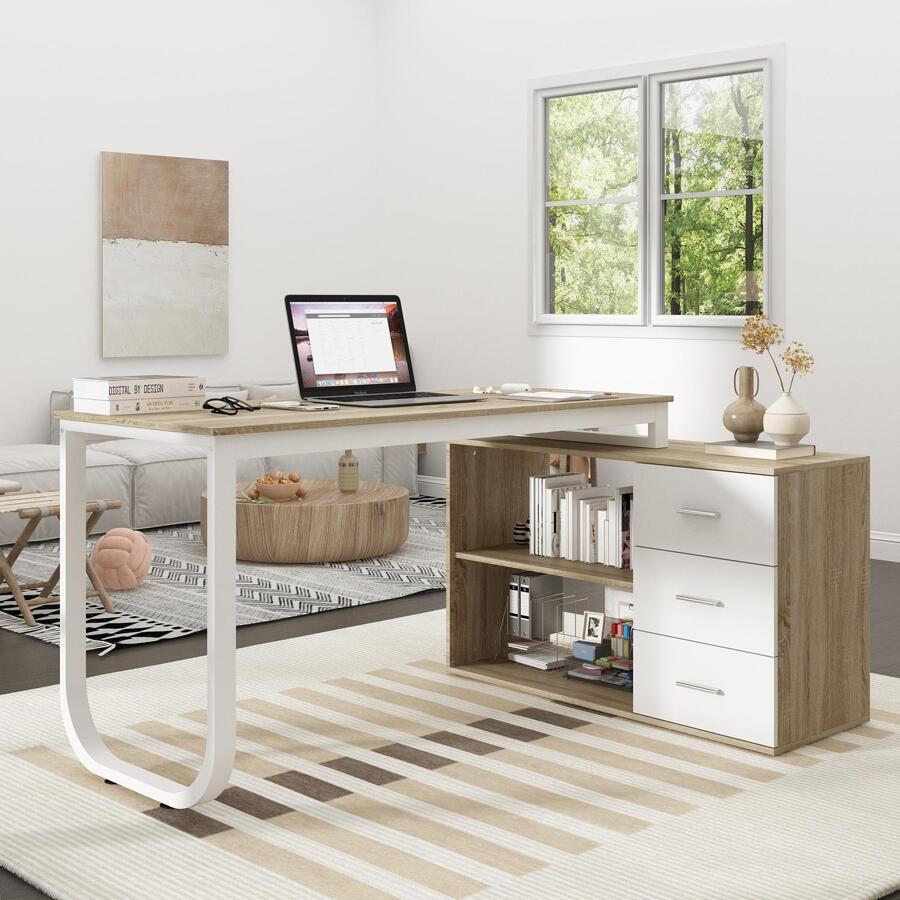 Home Office Computer Desk Corner Desk with 3 Drawers and 2 Shelves, 55 Inch Large L-Shaped Study Writing Table with Storage Cabinet - Walnut and White - View 1