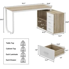 Home Office Computer Desk Corner Desk with 3 Drawers and 2 Shelves, 55 Inch Large L-Shaped Study Writing Table with Storage Cabinet - Walnut and White - View 5