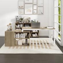 Home Office Computer Desk Corner Desk with 3 Drawers and 2 Shelves, 55 Inch Large L-Shaped Study Writing Table with Storage Cabinet - Walnut and White - View 4