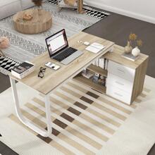 Home Office Computer Desk Corner Desk with 3 Drawers and 2 Shelves, 55 Inch Large L-Shaped Study Writing Table with Storage Cabinet - Walnut and White - View 2