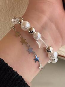 女性雙層星鏈養殖假珍珠手鐲 - 星星 - 查看 3