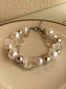 女性雙層星鏈養殖假珍珠手鐲 - 星星 - 查看 4