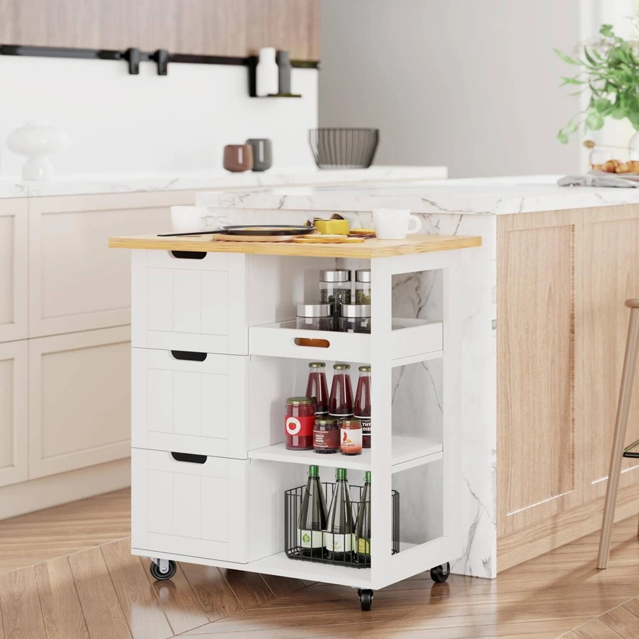 Vongrasig Kitchen Island Cart With Storage,Rolling Kitchen Island Storage Cabinet,Side Table On Wheels With Worktop,3 Open Shelves And 3 Drawers For Kitchen,Dinning Room - trắng - Xem 1