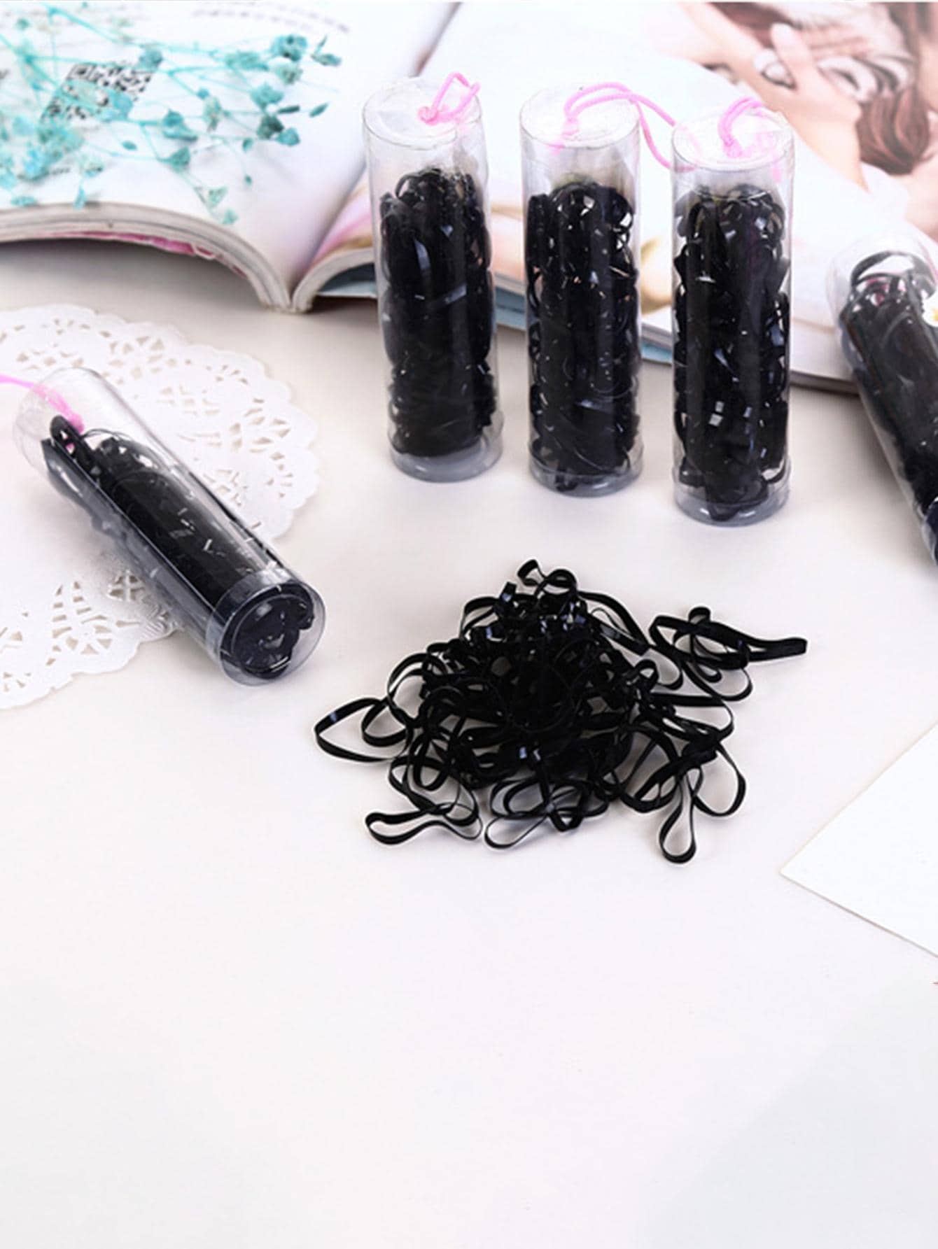100pcs Solid Color Disposable Children's Elastic Hair Ties - Black - View 1