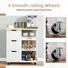 Vongrasig Kitchen Island Cart With Storage,Rolling Kitchen Island Storage Cabinet,Side Table On Wheels With Worktop,3 Open Shelves And 3 Drawers For Kitchen,Dinning Room - trắng - Xem 5