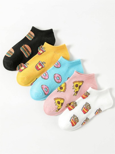 5 pares de calcetines cortos con estampado de frutas, calcetines invisibles adecuados para la escuela
