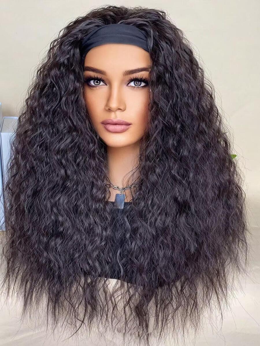 Synthetic Heat Resistant Wigs Long Water Wave Dark Brown 20Inch Synthetic Wigs Headband Wigs For  Daily Used