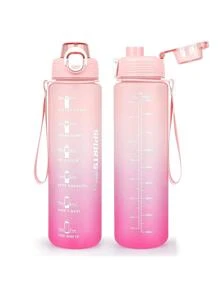 1 个 1000 毫升塑料水瓶，现代渐变字母图案便携式水瓶，带时间标记和吸管盖，适合日常生活 - 粉色 - 查看 1