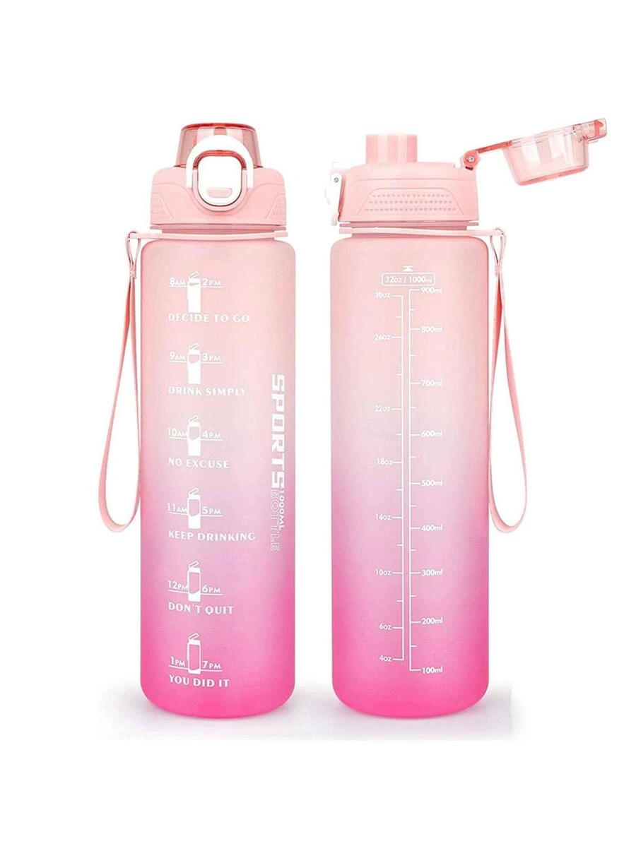 1 个 1000 毫升塑料水瓶，现代渐变字母图案便携式水瓶，带时间标记和吸管盖，适合日常生活 - 粉色 - 查看 1