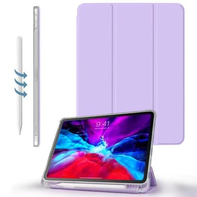 三折防震铅笔槽软 TPU 保护壳，兼容 iPad Mini4/5/6/7、iPad 9.7/10.2/10.5/10.9/10th Gen、iPad Air 11 英寸 (M2)-2024/13 英寸 (M2)-2024、iPad Pro 13 英寸 (M4)-2024/11 英寸 (M4)-2024、iPad Air 13(M3 2025)/11 英寸 (M3) 2025、iPad (A16) 11 英寸第 11 代 2025，薰衣草色