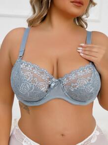 Plus Floral Lace Underwire Bra - Dusty Blue - View 5