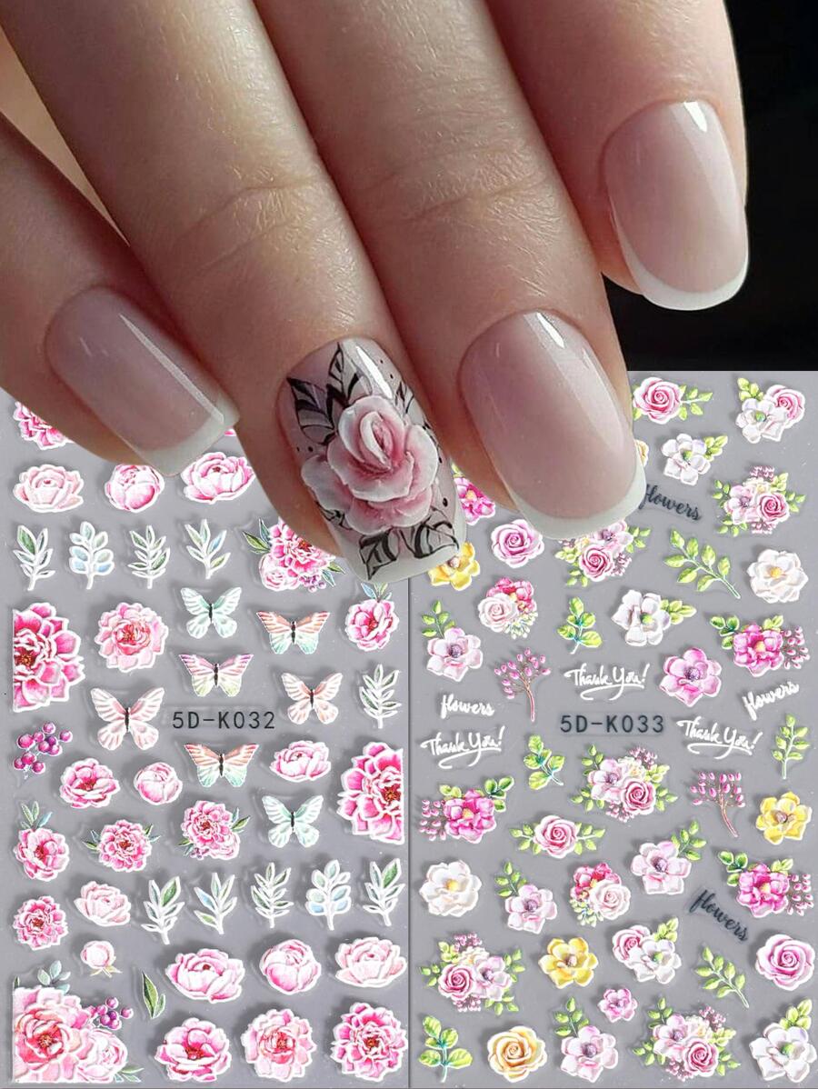 2 tấm 5D Họa tiết hoa Nail Art Sticker Đề can móng tay, Phụ nữ Cô gái Trang trí móng tay acrylic mùa hè - Nhiều màu - Xem 1