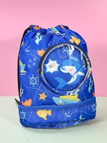 Chicos Mochila con cordón tiburón & con estampado de letra - Azul Marino - Ver 1