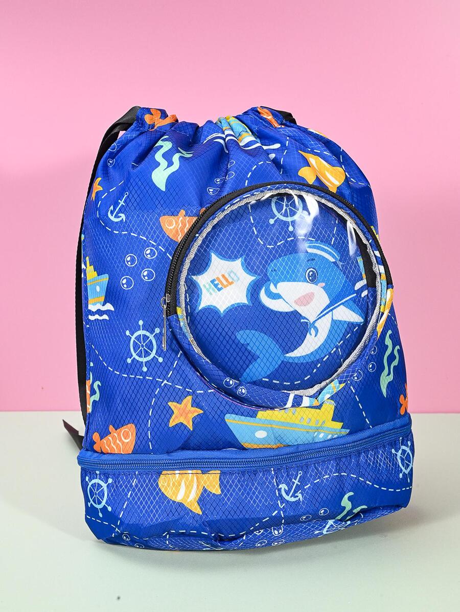 Chicos Mochila con cordón tiburón & con estampado de letra - Azul Marino - Ver 1