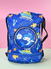 Chicos Mochila con cordón tiburón & con estampado de letra - Azul Marino - Ver 4