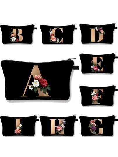 1pc Black Base Makeup Organizer Bag With 26pcs Gold Alphabet & Flower Print, Portable Handheld Toiletry Bag,For Holiday Beach, Bathroom Collection, Bedroom Collection, Large Capacity