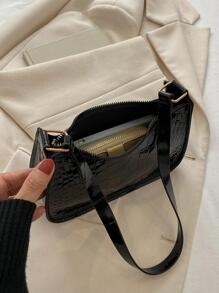 纯色几何压纹拉链单肩包，复古时尚休闲防水手提包，适合青少年、大学生、上班族、商务人士、通勤族及各种场合。 - 黑色 - 查看 7