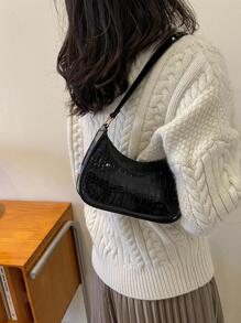 纯色几何压纹拉链单肩包，复古时尚休闲防水手提包，适合青少年、大学生、上班族、商务人士、通勤族及各种场合。 - 黑色 - 查看 6