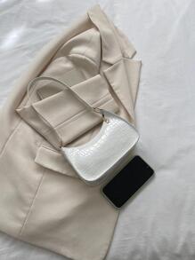 Solid Color Geometric Embossed Zipper Shoulder Bag, Women's Fashionable Retro Waterproof Casual Handbag, Suitable For Office, Work, Business, Commuting And Other Occasions - White - View 2