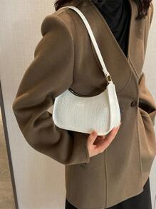 Solid Color Geometric Embossed Zipper Shoulder Bag, Women's Fashionable Retro Waterproof Casual Handbag, Suitable For Office, Work, Business, Commuting And Other Occasions - White - View 6