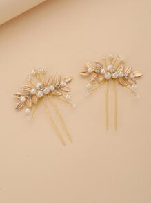 2pcs Women Faux Pearl & Leaf Decor Fashionable Hair Pin For Hair Decoration Elegant,Crown Hair Combs Combs For Hair Side Comb