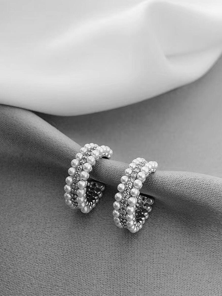 1pair Rhinestone Decor Hoop Earrings - Silver - View 1