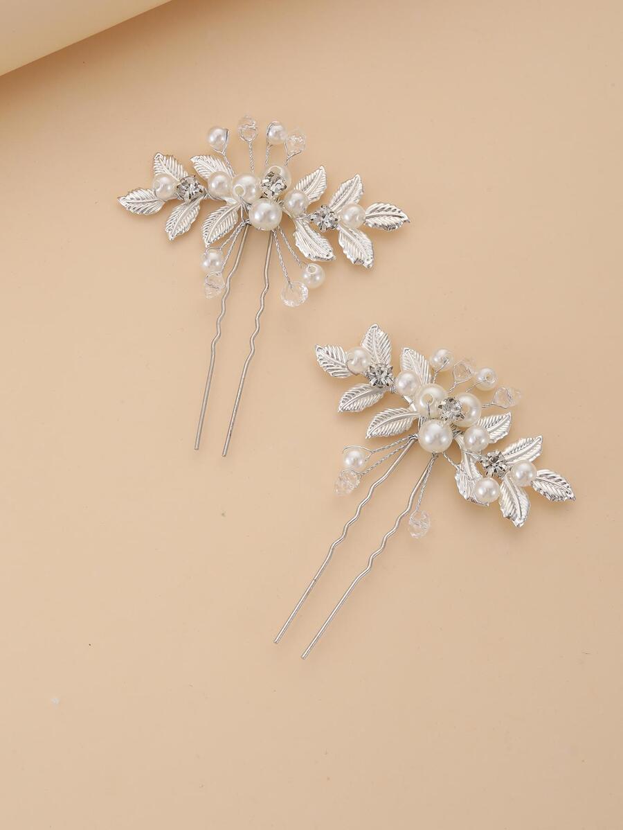 2pcs Women Faux Pearl & Leaf Decor Fashionable Hair Pin For Hair Decoration Elegant Hair Combs Combs For Hair Side Comb, School Stuff, Pearl Hair Accessories, Wedding, Bridesmaids Gifts, Looks Of Party