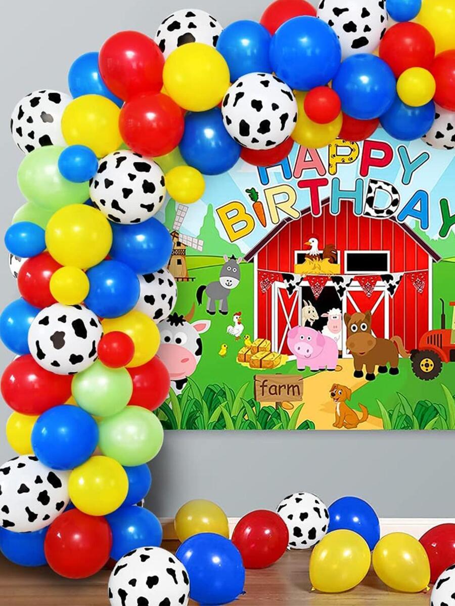 127Pcs Blue Red Yellow Green Print Cow Balloons Garland Arch Kit For Farm Animals Farmhouse 1st Bride Shower Birthday Party Supplies Back To School Valentine Day