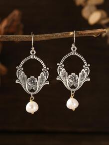 1 对复古精致花形仿珍珠效果吊坠耳环情人节、妈妈、母亲、母亲节、礼物 - 復古銀色 - 查看 1