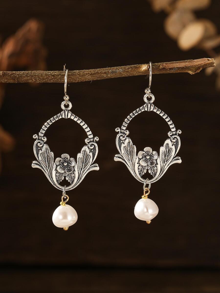 1 对复古精致花形仿珍珠效果吊坠耳环情人节、妈妈、母亲、母亲节、礼物 - 復古銀色 - 查看 1