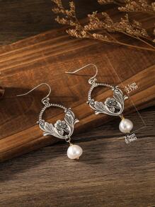 1 对复古精致花形仿珍珠效果吊坠耳环情人节、妈妈、母亲、母亲节、礼物 - 復古銀色 - 查看 3