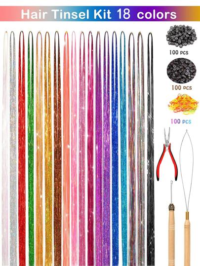 18pcs Sparkle Extra Long Straight Hair Tinsel Synthetic Hair Extension Kit