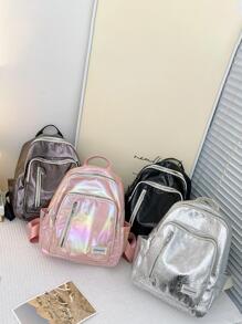 Chicas Mochila funcional holográfico con diseño de parche de letra cremallera preppy - Rosa - Ver 1