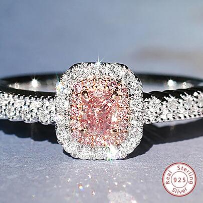 MADEONE 1pc Sparkling Pink Diamond Ring, Women's S925 Sterling Silver Cubic Zirconia Inlaid, Luxurious & Exquisite, High-End Jewelry, Wedding Engagement Ring Gift