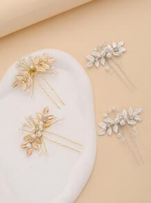 4pcs Women Faux Pearl & Leaf Decor Fashionable Hair Pin For Hair Decoration Elegant Hair Combs Combs For Hair Side Comb