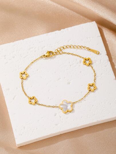 1pc Stainless Steel Gold Minimalist Versatile Women Shell Flower Bracelet