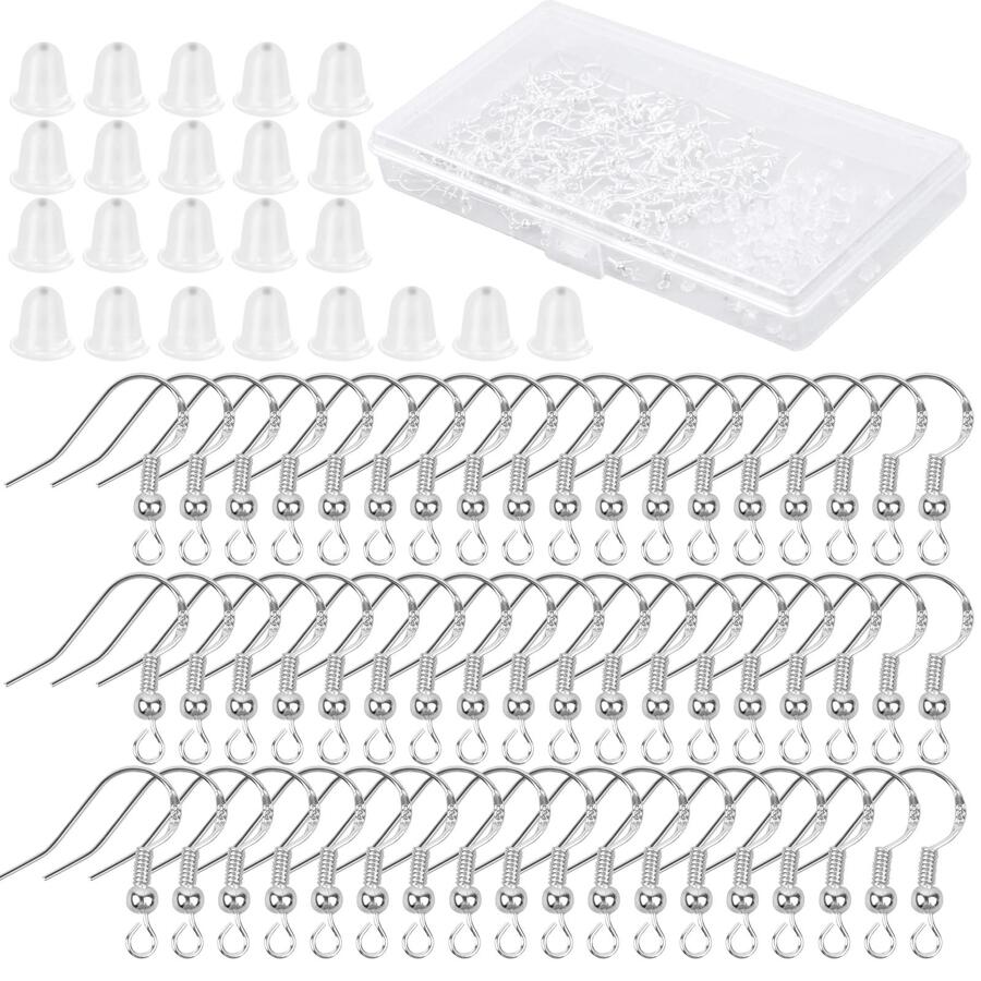 耳環掛鉤,100入組低過敏性耳朵魚鉤耳環鍍銀帶100透明耳環塞子,耳環製作用品DIY首飾製作 - 銀色 - 查看 1