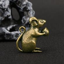 铜制可爱老鼠桃子微型小雕像茶宠物餐桌装饰工艺品黄铜动物老鼠雕像家居装饰品配件 - 銅色 - 查看 1