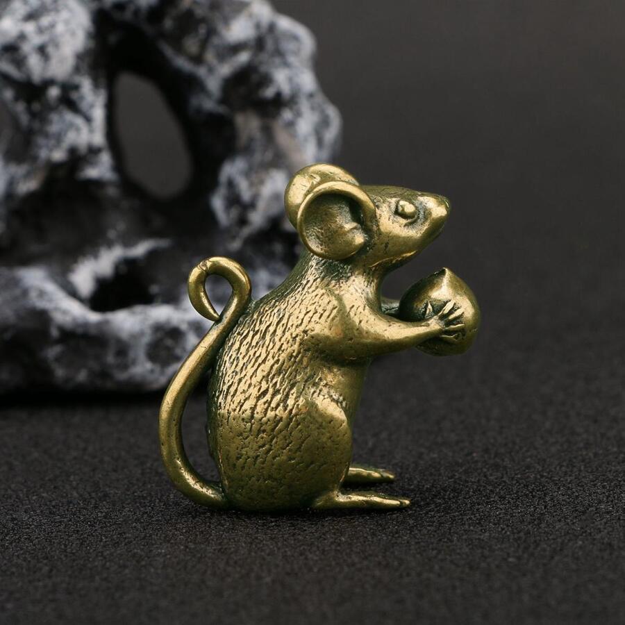 铜制可爱老鼠桃子微型小雕像茶宠物餐桌装饰工艺品黄铜动物老鼠雕像家居装饰品配件 - 銅色 - 查看 1