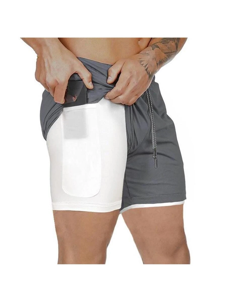 Gym Shorts With 2 In 1 Men's Sports Running Lycra - Grey - View 1