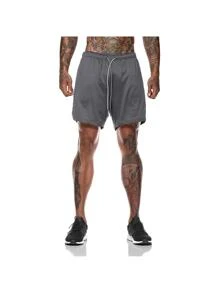 Gym Shorts With 2 In 1 Men's Sports Running Lycra - Grey - View 4