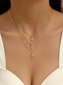 3 Cái/bộ Bãi Biển Mùa Hè Phong Cách Đồng Với Micro Mở Đường Sao Biển Cá Ngựa Cây Dừa Mặt Dây Chuyền, Thời Trang Và Đa Năng - Vàng - Xem 2