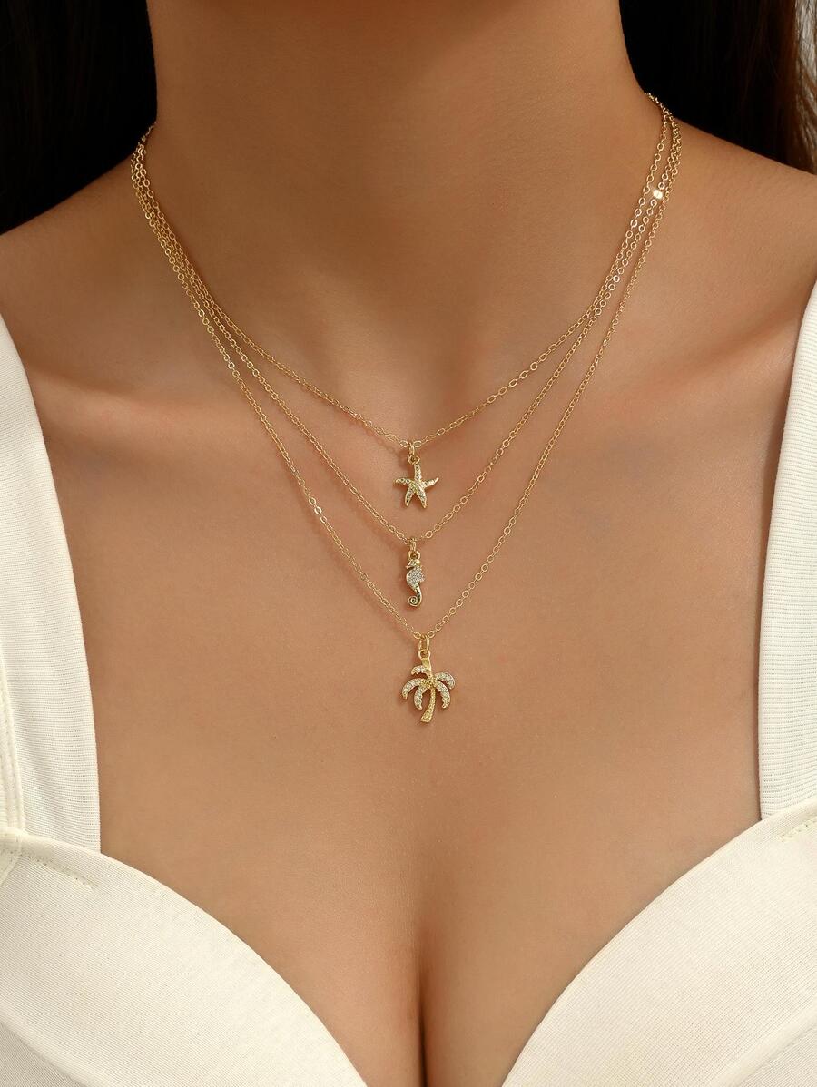 3 Cái/bộ Bãi Biển Mùa Hè Phong Cách Đồng Với Micro Mở Đường Sao Biển Cá Ngựa Cây Dừa Mặt Dây Chuyền, Thời Trang Và Đa Năng - Vàng - Xem 1