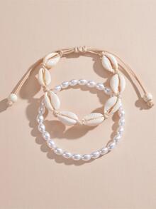 2 chiếc vỏ sò phong cách bãi biển & vòng chân đính cườm hình bầu dục ngọc trai giả - trắng - Xem 2